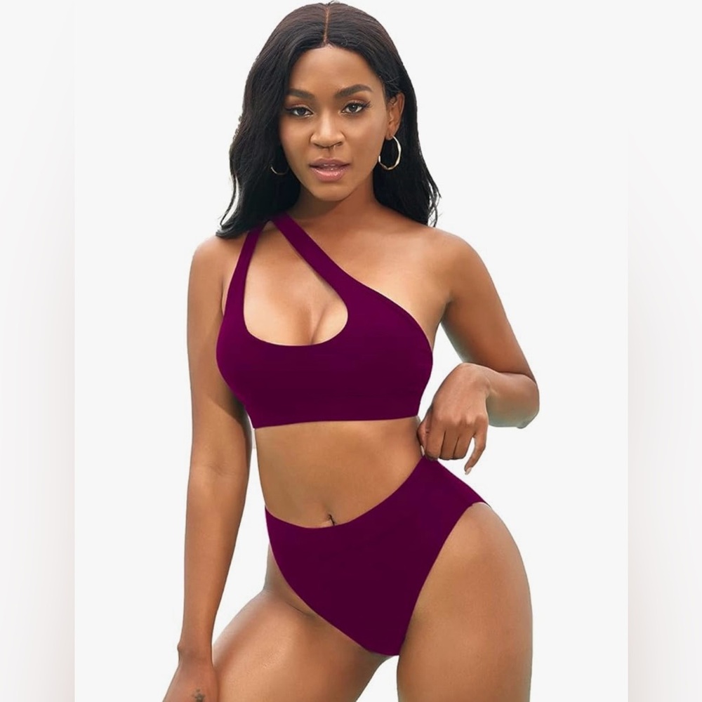 Elegant One-Shoulder Bikini in Deep Burgundy
